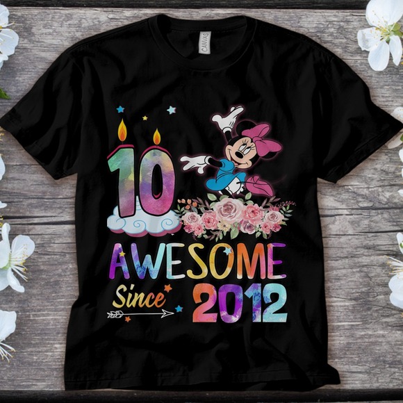 Disney Minnie Mouse Awesome Since 2012 10th Birthday 10 Years Old Unisex T-shirt - Picture 1 of 2